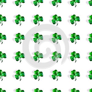 Seamless photo pattern Shamrock made of green glass hearts on white background