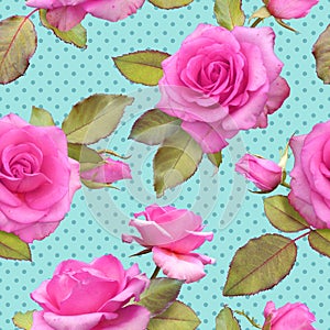 Seamless photo-realistic pattern of pink roses on a turquoise background in polka dots.