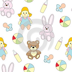 Seamless picture with toys for children. A vector pattern with a doll, a baby`s dummy, a pacifier, a ball, a hare, a bear .