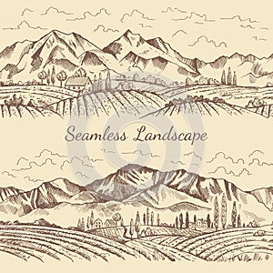 Seamless pictures of nature landscape. Vineyard or countryside illustrations