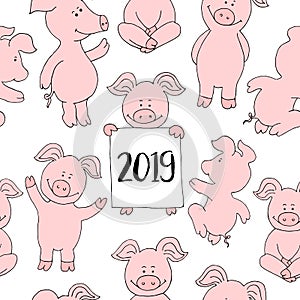 Seamless pig collection set. banner happy new year greeting card