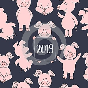 Seamless pig collection set. banner happy new year greeting card