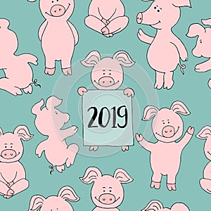 Seamless pig collection set. banner happy new year greeting card