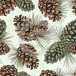 Seamless Pine Cone and Needle Pattern Illustration