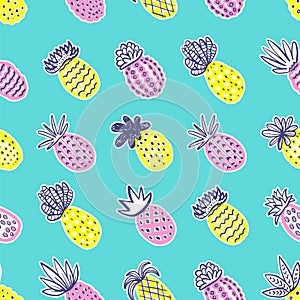 Seamless pineapple pattern. Handdrawn Pinapple with different textures in pastel colors on blue teal background. Exotic