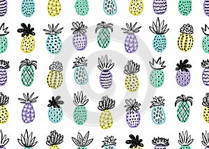 Seamless pineapple pattern. Handdrawn Pinapple with different textures in pastel colors. Exotic fruits background For