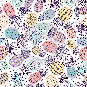 Seamless pineapple pattern. Handdrawn Pinapple with different textures in pastel colors. Exotic fruits background For