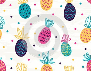 Seamless pineapple pattern with polka dots. Vector colorful background.