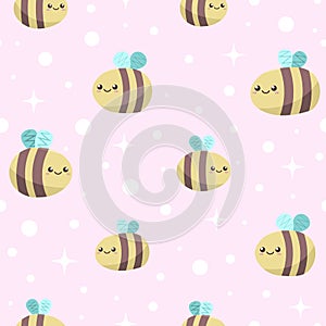 Seamless pink background with cute funny smiling honey bees