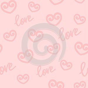 Seamless pink background with hearts and Love hand lettering