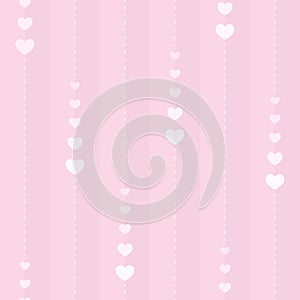 Seamless pink background with vertical dotted stripes, heart shapes and rhombuses. Flat and minimal Valentine`s Day backdrop