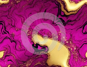 Seamless pink color and golden glitters fluid pattern design