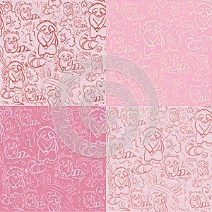 Seamless pink doodle patten Two racoons