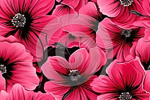 Seamless pink flowers on black background pattern.