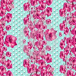 Seamless pink flowers pattern with white polka dots. Monochrome floral background.Fashionable print. - illustration