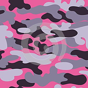 Seamless pink grey camouflage pattern Fashion pink camo texture rose black military background