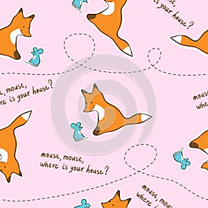Seamless pink kids pattern with fox and mouse.