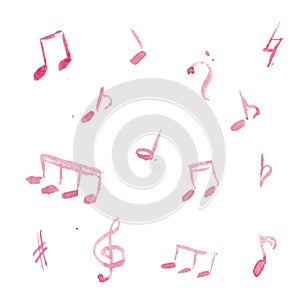 Seamless pink music notes pattern. Musical watercolor background photo