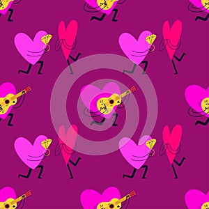 Seamless pink pattern with cartoon hearts. A lover plays a yellow guitar next to a heart-shaped character makes a proposal. Vector