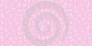 seamless, pink pattern. Pattern with contour details for a girl. Shoes, lipstick, earrings, glasses, jewelry, heart. Print on