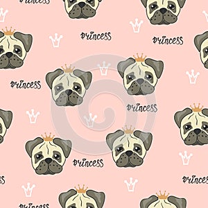 Seamless pink princess pattern with cute pugs