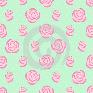 Seamless pink roses pattern on mint green background.