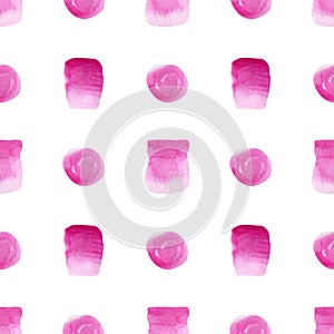 Seamless pink spots pattern. Abstract watercolor background with bright polka dot, spot, blot and stains for wrapping paper,