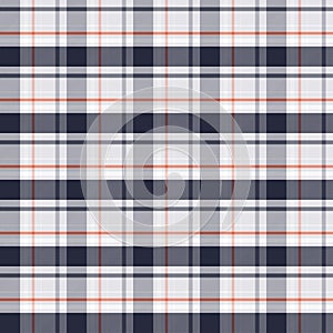 Seamless plaid and checkered patterns in dark blue white and orange for textile design.