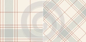 Seamless plaid vector pattern in muted pink, grey, beige. Large tartan check background for spring summer autumn winter flannel.