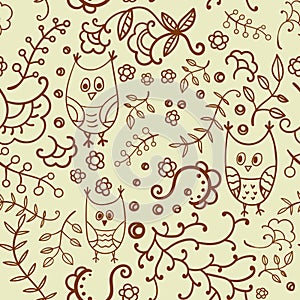 Seamless plants and owls vector pattern.