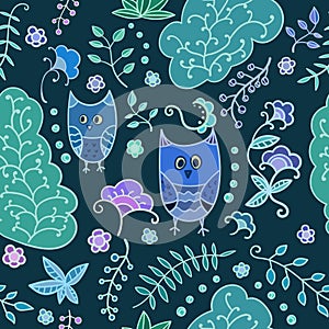 Seamless plants and owls vector pattern.