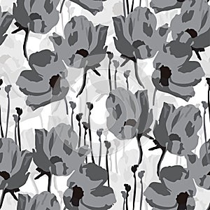 seamless plants pattern background with abstarct monochrome flowers