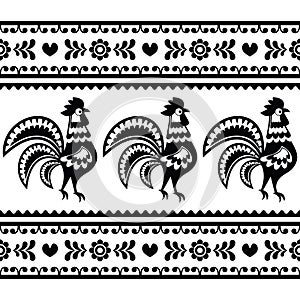 Seamless Polish monochrome folk art pattern with roosters - Wzory lowickie