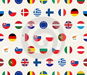 Seamless political pattern with European Union countries flags. Vector colorful illustration with set EU members emblems.