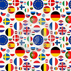 Seamless political pattern with European Union countries flags. Vector colorful illustration with set EU members emblems.