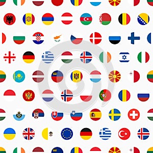 Seamless political pattern with European Union countries flags. Vector colorful illustration with set EU members emblems.