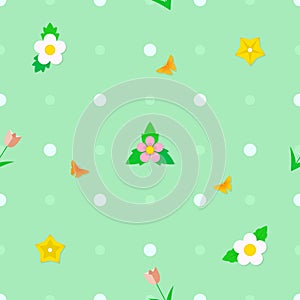 Seamless polka dot green flat background with strawberry flowers, tulips, leaves, flying butterflies.