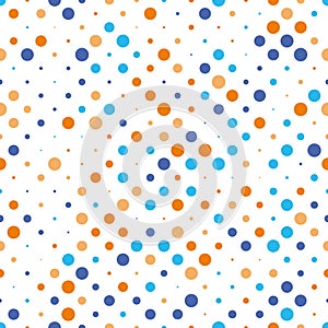 Seamless polka dot pattern. Orange and blue dots in random sizes on white background. Vector illustration