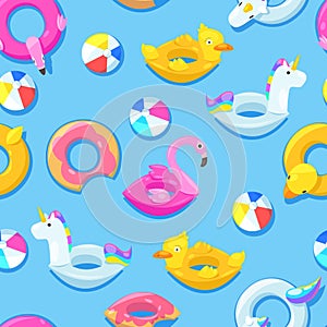 Seamless pool pattern. Unicorn, flamingo, duck, ball, donut cute floats in blue water. Vector illustration.