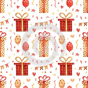 Seamless presents pattern. Watercolor background with gift boxes, balloon, vonfetti for wrapping paper, party decorations