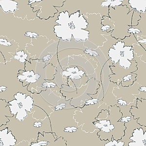 Seamless pretty pattern in cute white flowers on burlap fond. Floral print for textile, fabric manufacturing, wallpaper, covers,