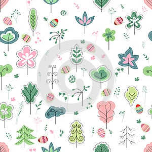 Seamless pretty pattern with stylized trees and easter eggs.