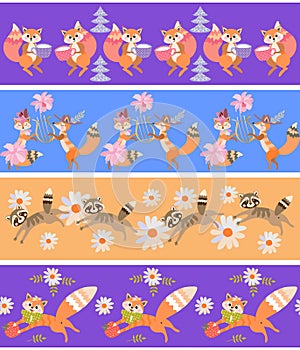 Seamless print made up of horizontal stripes with cute cartoon squirrels, foxes, raccoons and flowers. Collection of borders