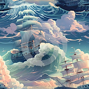 Seamless print of a sailing ship and clouds, inspired by traditional animation (tiled)