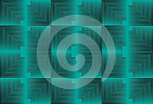 Seamless psychedelic geometric background, half tone pattern, gradient of squares with linear shapes, aqua green modern template