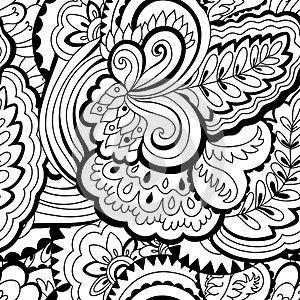 Seamless psychedelic pattern with crazy black and white ornamental elements.