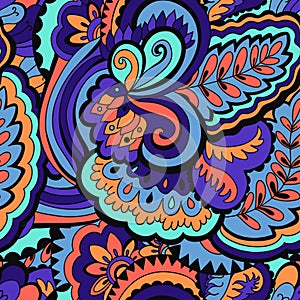 Seamless psychedelic pattern with crazy colorful ornamental elements.