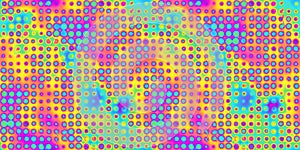Seamless psychedelic rainbow disco polka dots pattern background texture.