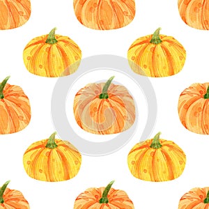 Seamless pumpkins pattern. Watercolor background with yellow and orange pumpkin for textile, thanksgiving day decor, fall