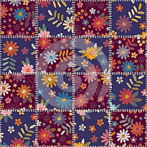 Seamless quilt design from stitched square snippets with floral embroidery. Patchwork pattern